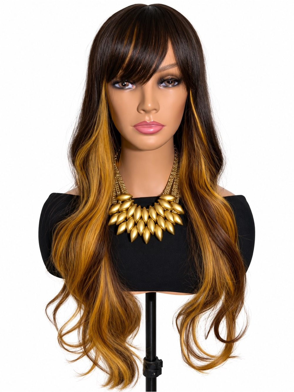 Synthetic Long Layered Women’s Wig with Golden Brown Highlights